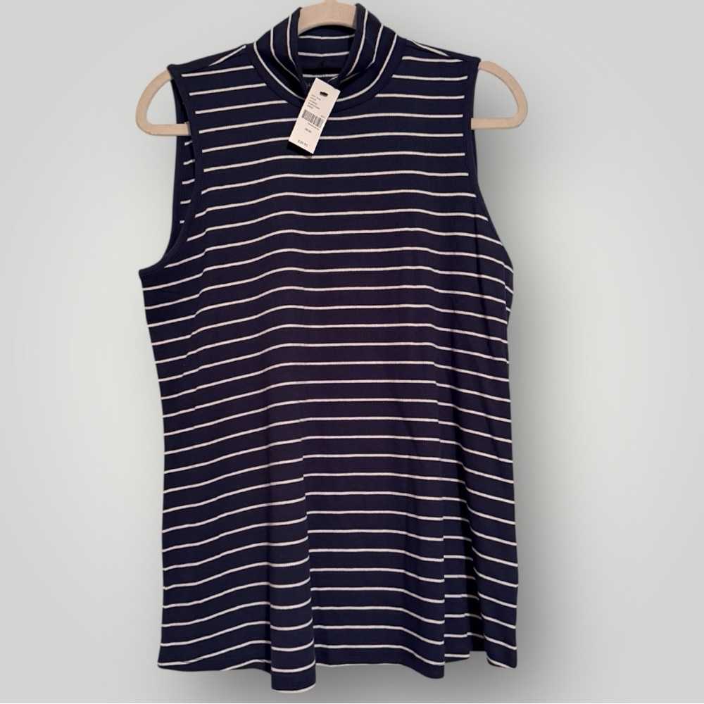 Lane Bryant Blue and White Stripped Sleeveless Turtleneck